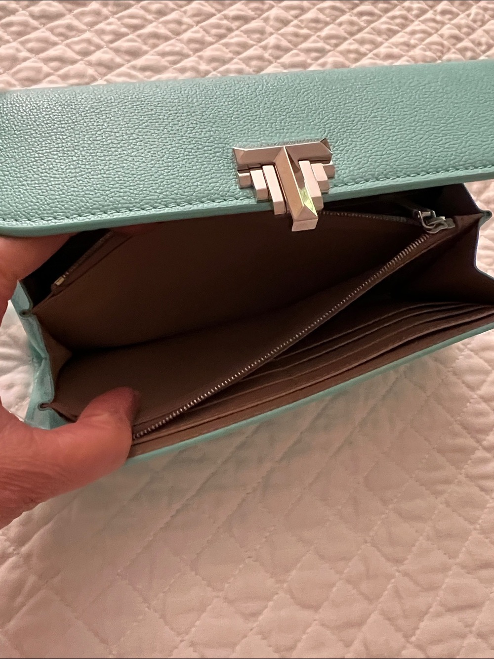 New! Tiffany & Co. Turquoise Leather Clutch with Silver-Tone Push Lock - Picture 6 of 11